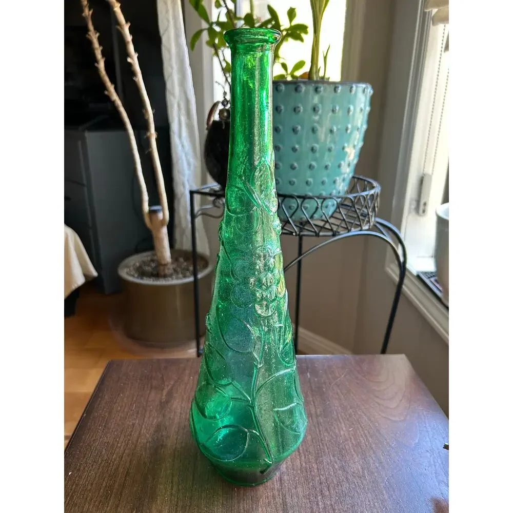 Vintage 60's/70's MCM Green Italian Empoli Bottle Decantet Butterfly And Flowers